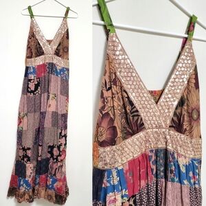 Vtg Y2K Sequin Babydoll Bohemian Patchwork Colorful Maxi Dress OS Cottagecore